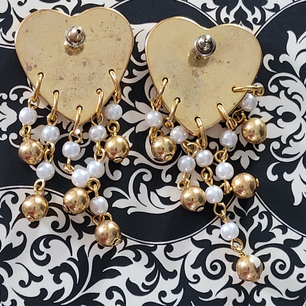 Heart Earrings filigree gold-tone faux pearl & gold-tone dangle accents - Picture 3 of 6